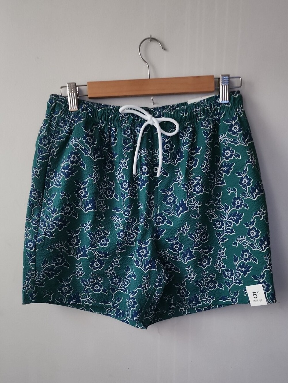 Men's Teal Floral Swim Trunks with White Drawstring - Picture 3 of 12
